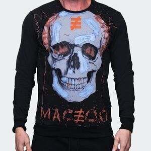 NWT MACEOO Paris Black Mens Long Sleeve SKULLPINK Tee Sz L